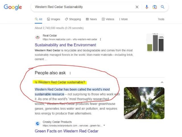 Cedar Sustainability Google Search results page.
