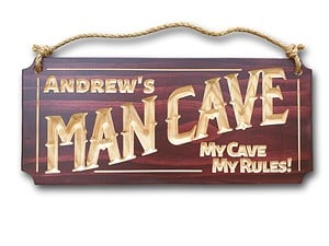 Andrew's man cave sign example personalised my cave my rules pine classic sign shape with mahogany stain and hemp rope for hanging.