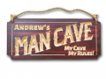 Andrew's Man Cave sign personalised wooden sign classic shape with mahogany stain and hemp rope for easy hanging.