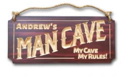 Andrew's Man Cave sign personalised wooden sign classic shape with mahogany stain and hemp rope for easy hanging.