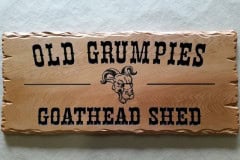 Shed sign - rustic timber Old Grumpies with goat head pic engraved