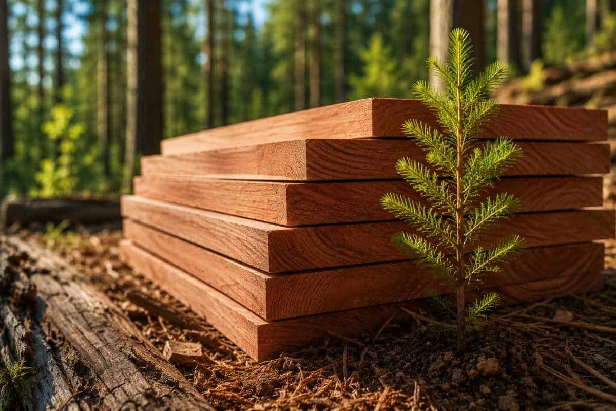 Stack of sustainably sourced timber boards beside a young sapling, representing renewable timber and responsible forestry.