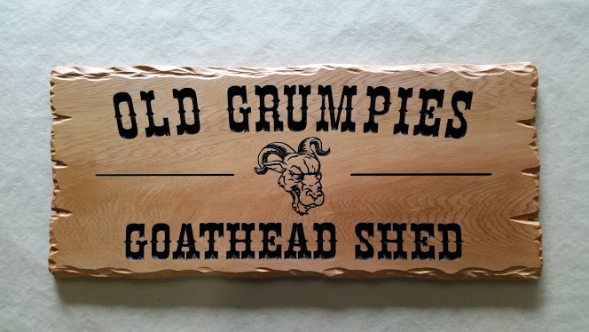 Shed sign - rustic timber reads Old Grumpies Goathead Shed with goat head picture engraved
