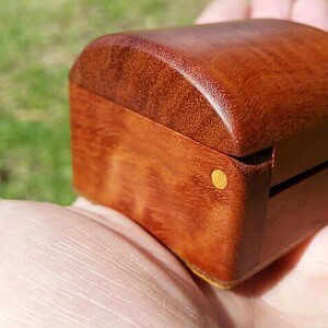 Close up photo of a small wooded box red gum with Beach timber hinge pin