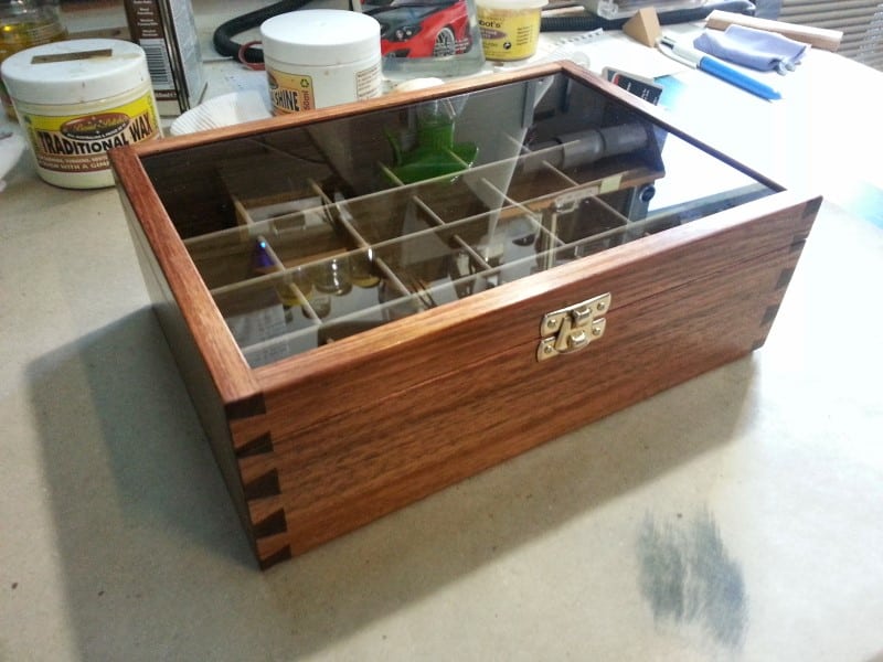 corner view image of an essential oils box tasmanian blackwood glass lid custom made