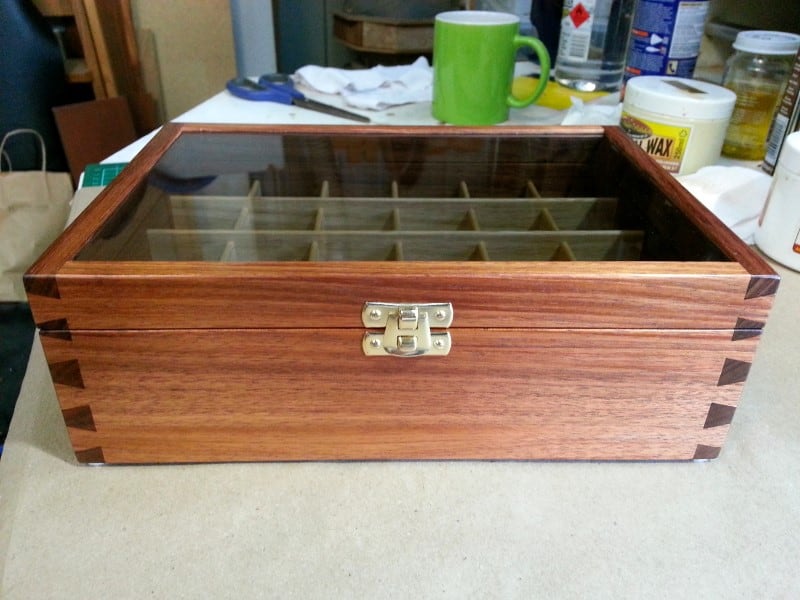 front view image of a wooden display box for essential oils tasmanian blackwood glass lid custom made