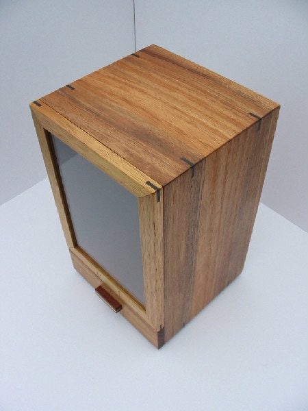 Top view of the Tasmanian Blackwood Bespoke urn cabinet for baby-children's ashes.