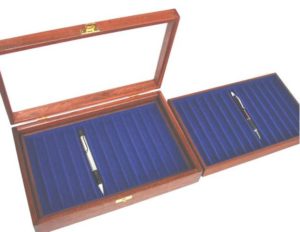 Photo of a pen display case with lift out tray glass lid open. Felt lined to protect your most precious pens and display them on your desk