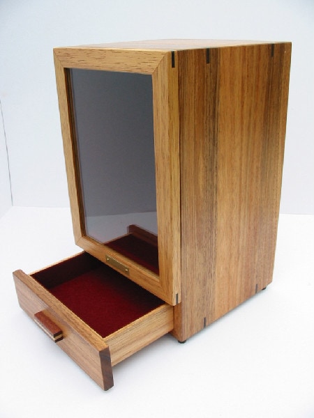 Drawer open view of the Tasmanian Blackwood Bespoke urn cabinet for baby-children's ashes.