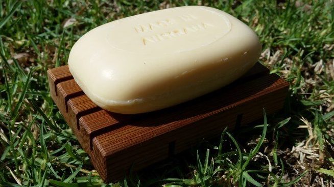 Australian Made soap on a Cedar soap holder rack