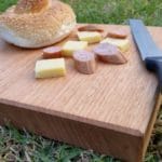 cheese board made from australian grown hardwood Victorian Ash with cheese squares, kabana and knife