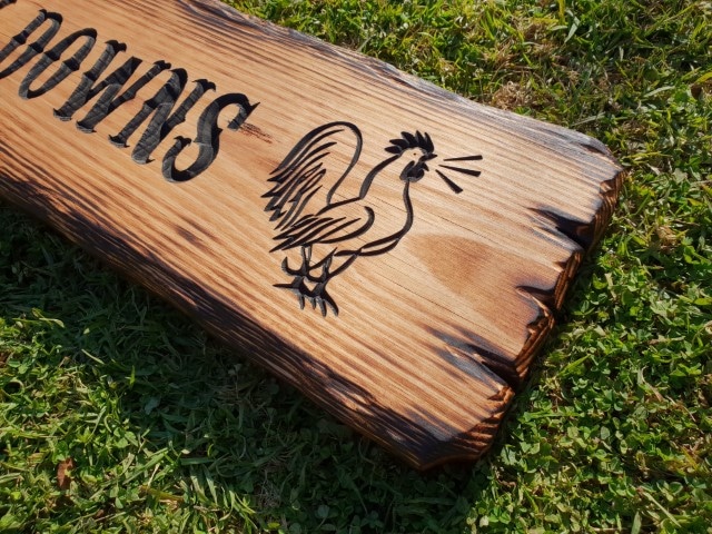 farm sign engraved and scorched, victorian ash with a rooster pic