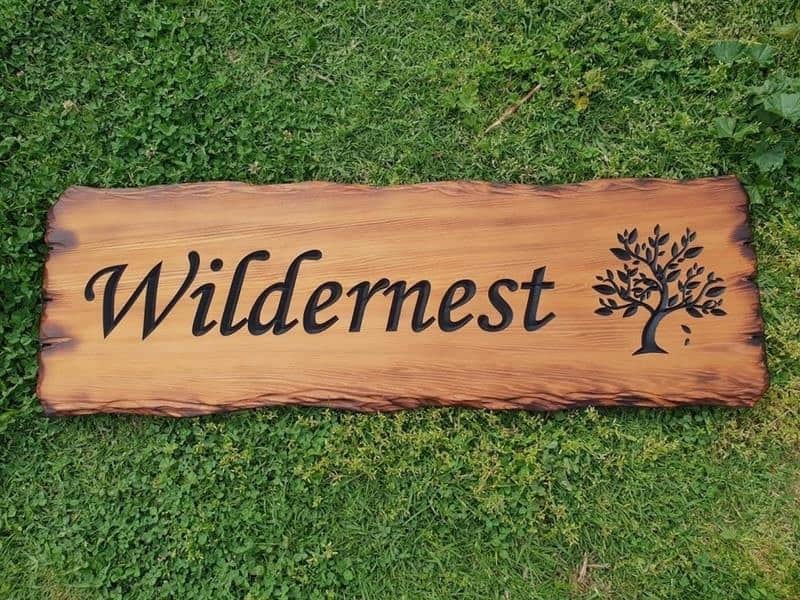 House name sign Wildernest made from Cedar scorched timber