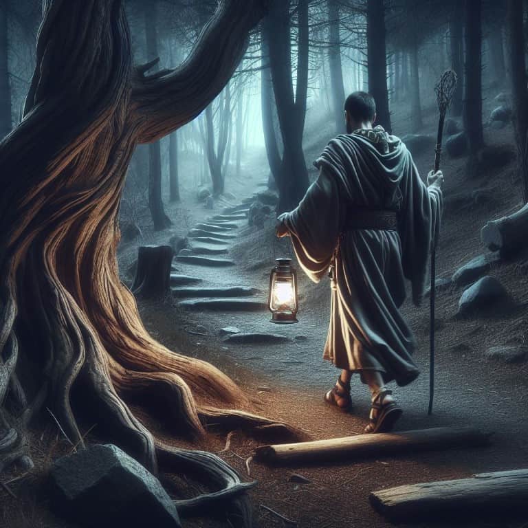 Man walking with a lamp through a dark forest along a winding rocky path