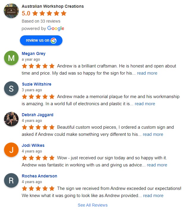 Google Reviews for Australian Workshop Creations - an image of the latest reviews taken from Google Maps reviews.