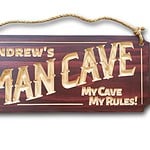 Andrew's Man Cave sign example personalised my cave my rules pine classic sign shape with mahogany stain and hemp rope for hanging.