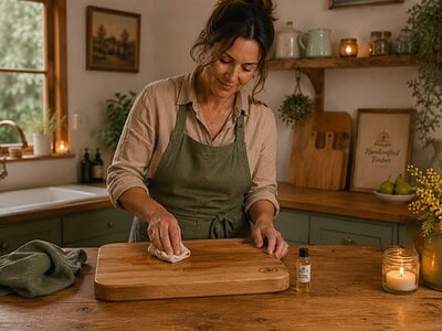 Applying food safe chopping board oil to timber board