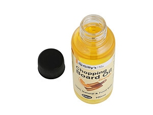 bottle of chopping board oil gillys orange open with lid off