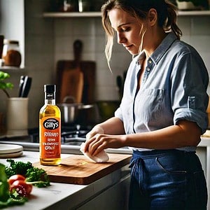 woman in her kitchen applying the best chopping board oil to a wooden cutting board with a white polishing cloth