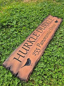 hurkle durkle sign for house with address and bird pictures carved out lettering quality cedar with scorched live edge