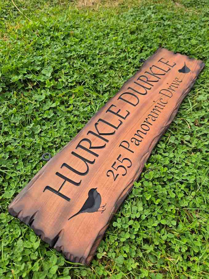 hurkle durkle sign for house with address and bird pictures carved out lettering quality cedar with scorched live edge