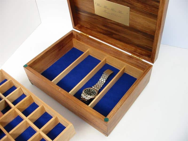 custom made box for cufflinks with top storage tray removed to reveal watch compartment beneath