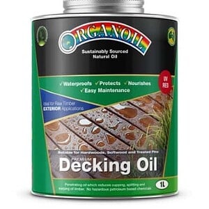 decking oil UV Red organoil brand in a 1 Litre can with screwtop lid