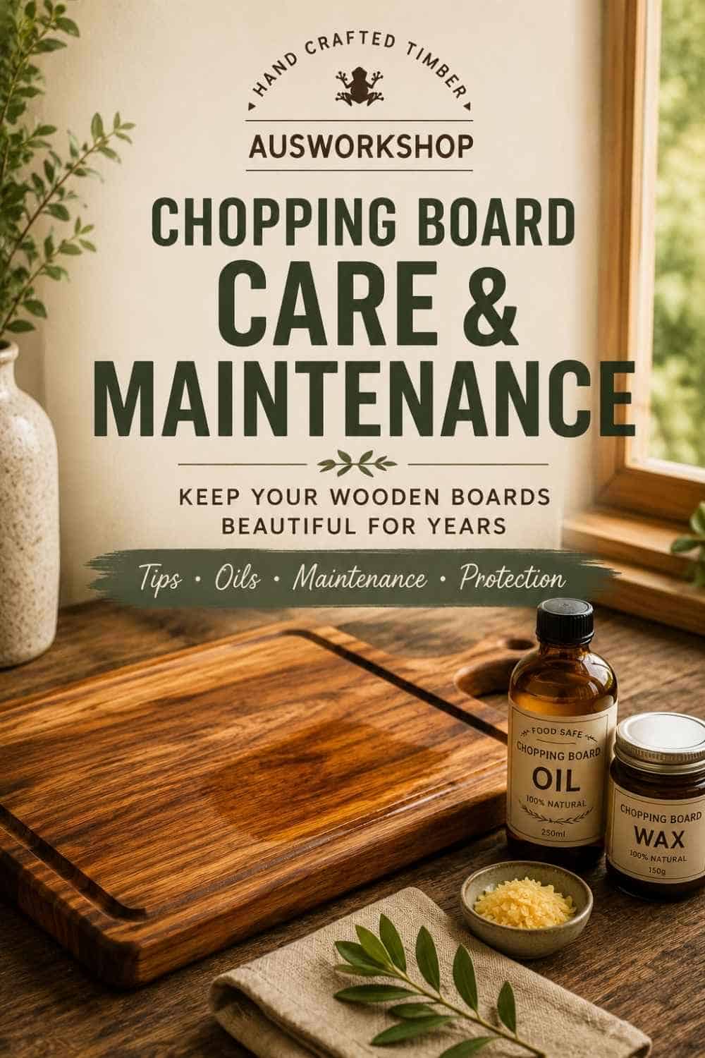 Chopping board care and maintenance guide showing food safe chopping board oil and wax
