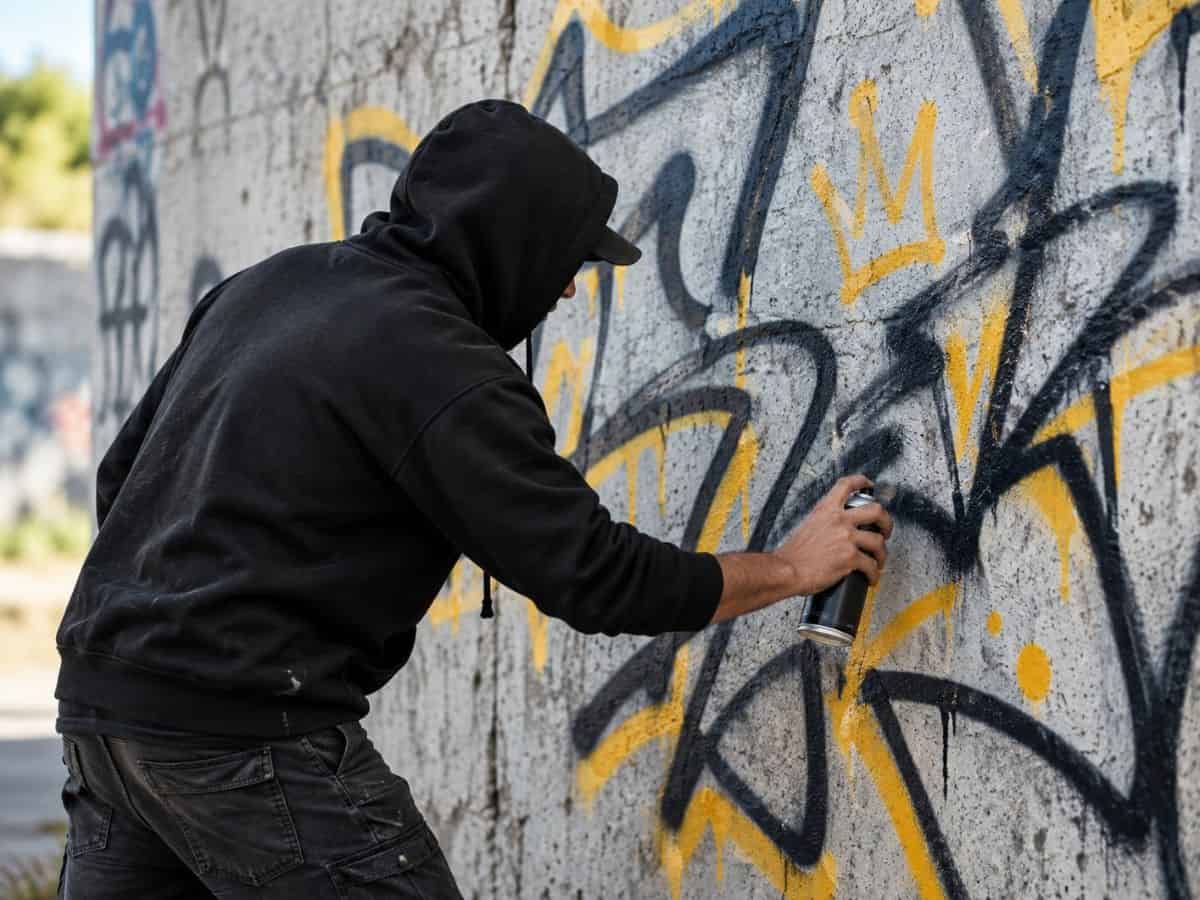Person using black spray paint to create graffiti on a concrete wall using can control.