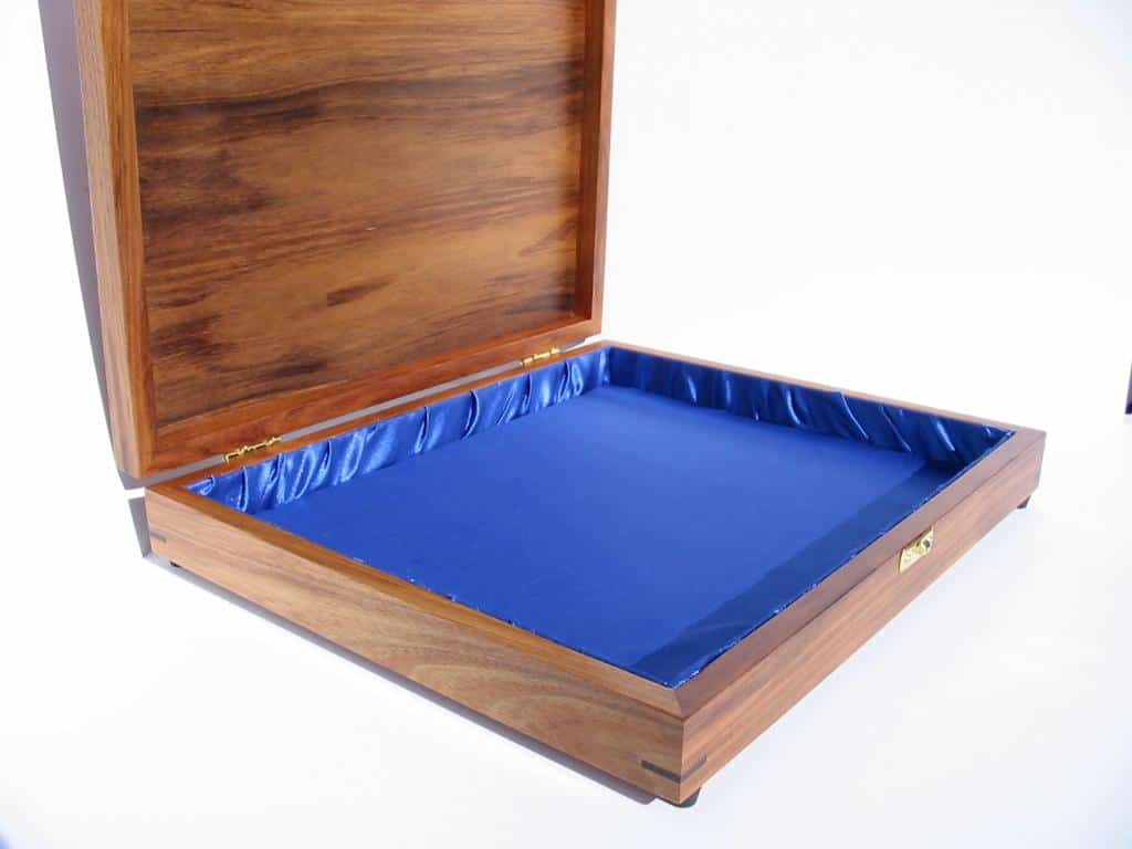 Handcrafted wooden document box with royal blue satin lining, made to house the original Butch Cassidy and the Sundance Kid film script.