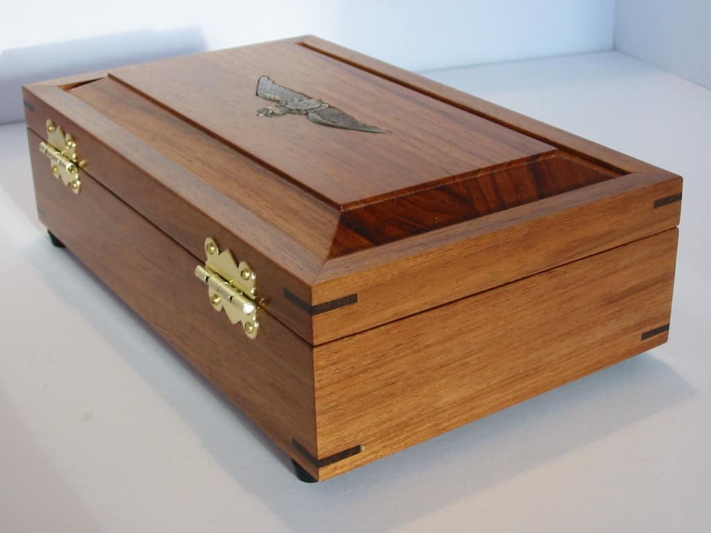 bespoke box for raaf pilot, raised panel lid Tasmanian blackwood, rear view showing brass hinges
