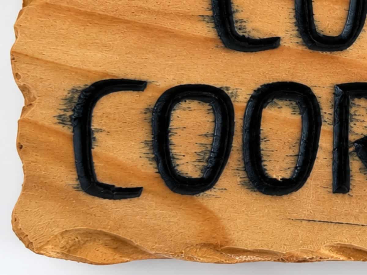 wood sign with paint bleeding into the timber fibres